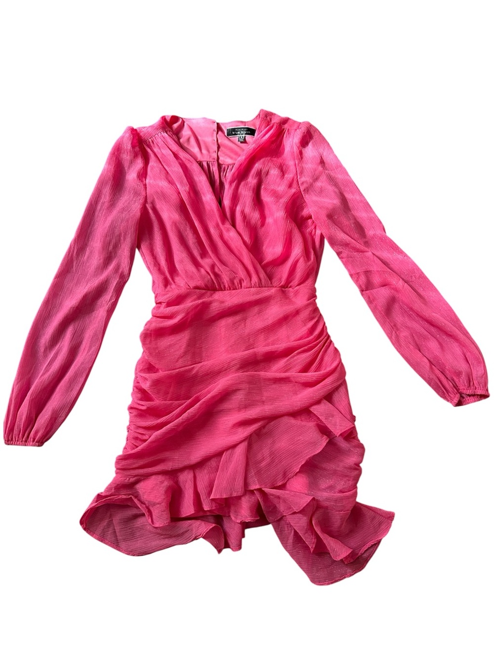 Never Worn Hot Pink Shimmering Long-Sleeve Ruffled Wrap Dress